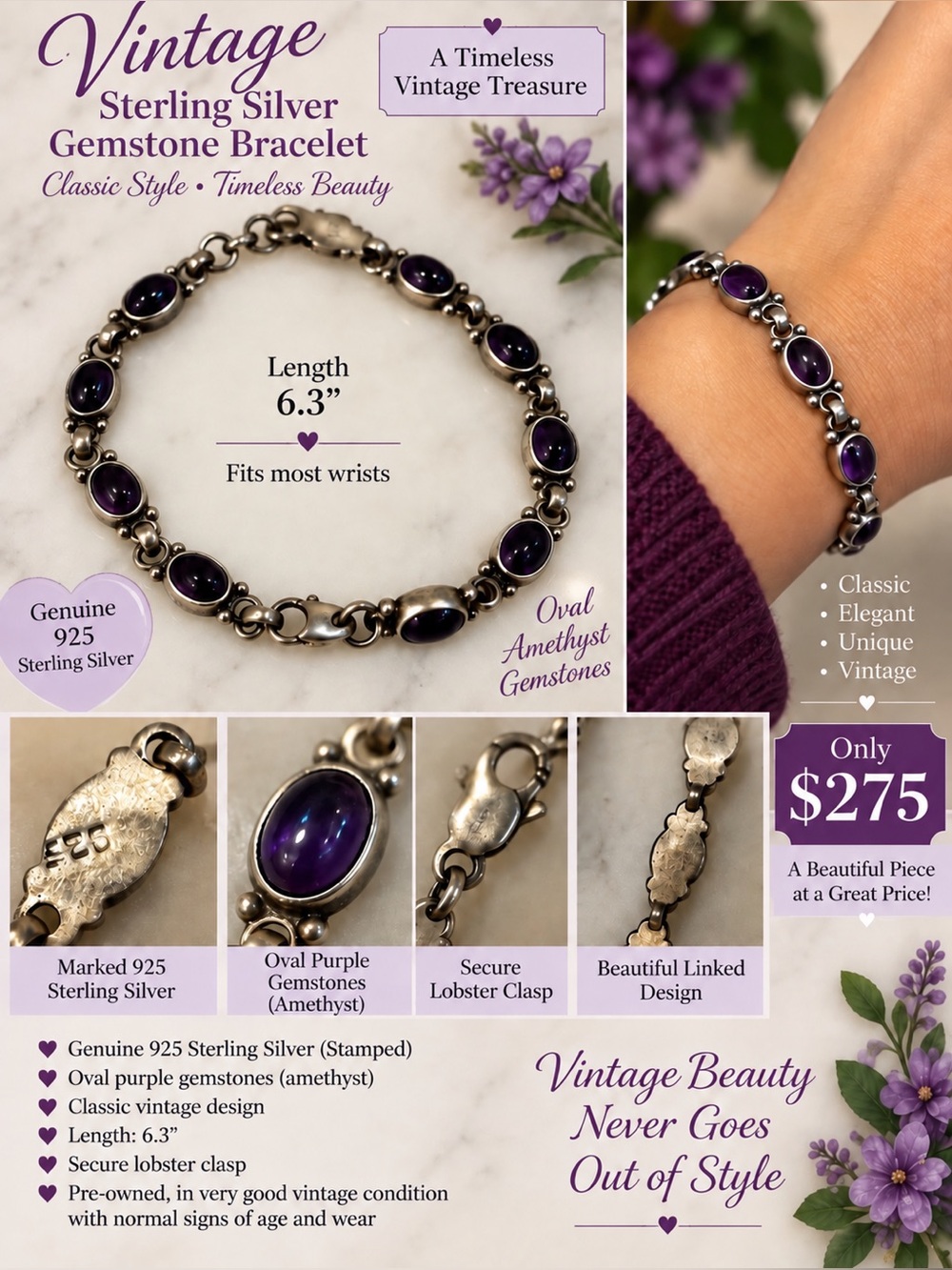 Vintage Sterling Silver Amethyst Bracelet - Purple Gemstone